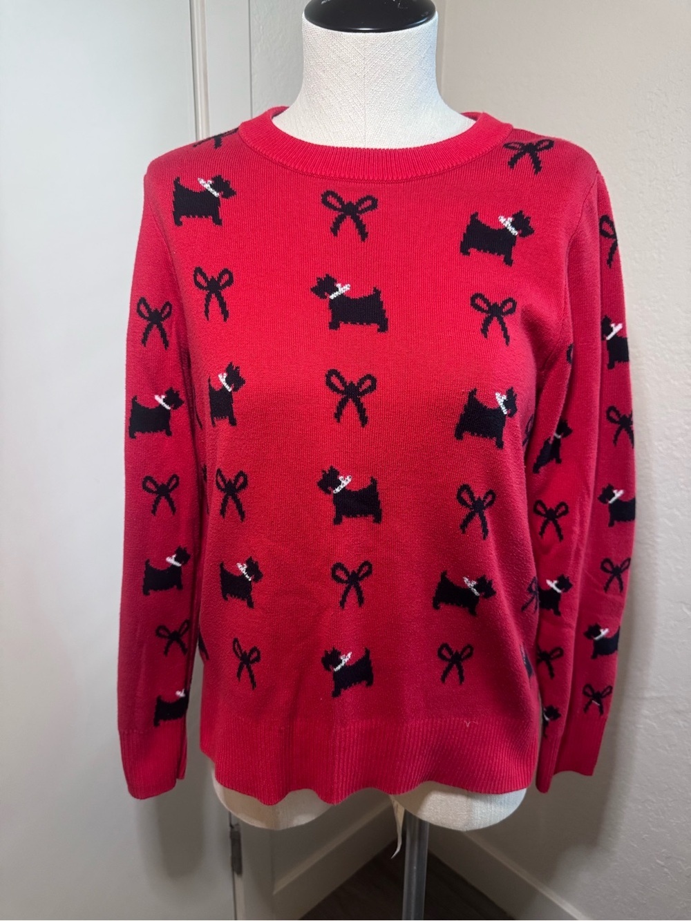 Karen Scott Red Scottie Dog Knit Sweater - Women's Cozy Crewneck